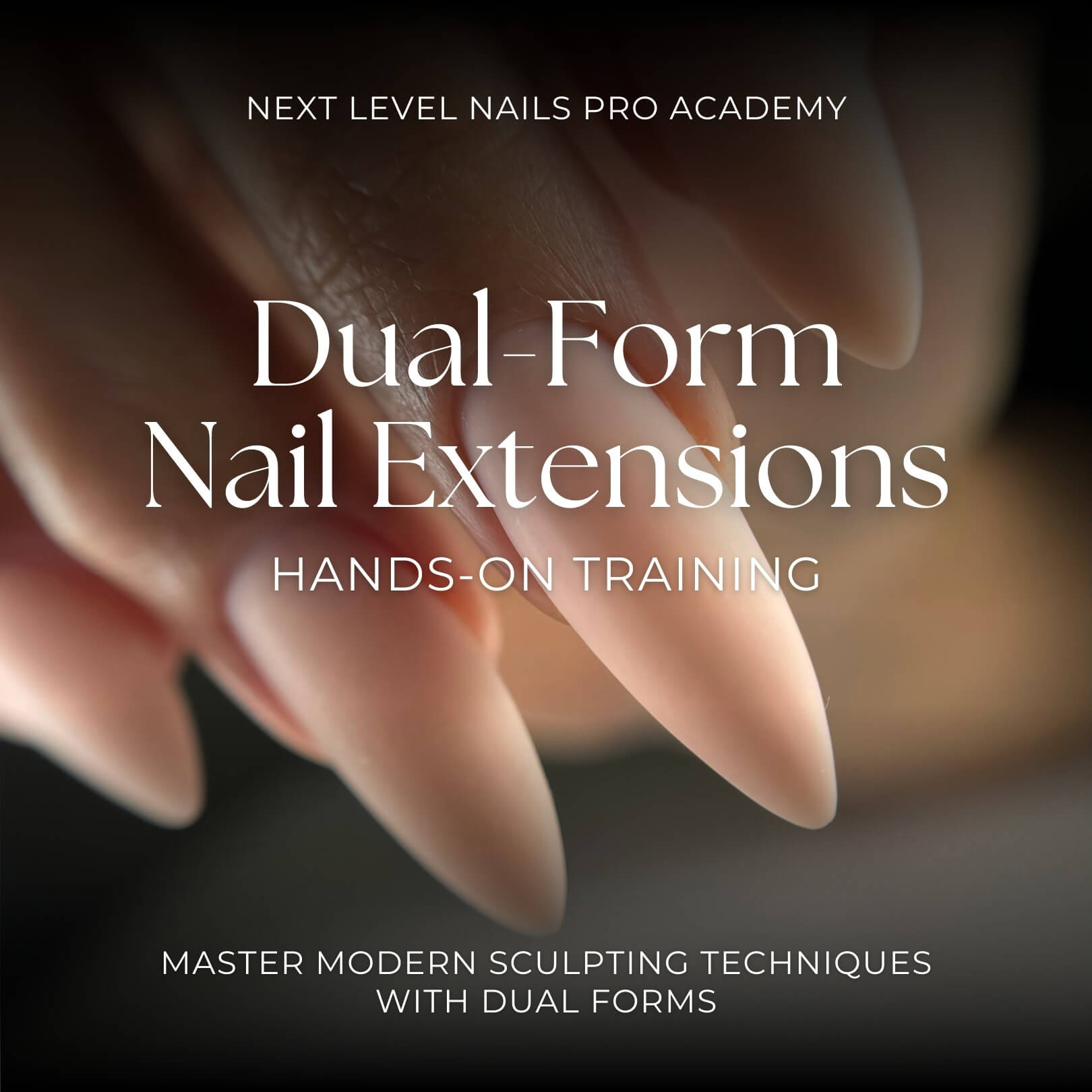 Close-up of sculpted dual-form nail extensions demonstrating advanced gel application techniques for the Next Level Nails PRO Academy hands-on training program.