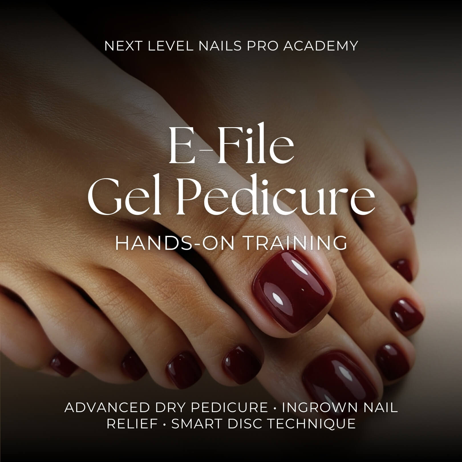 Professional gel pedicure with smooth nail surface and precise e-file work, showcasing advanced dry pedicure techniques taught in Next Level Nails PRO training.